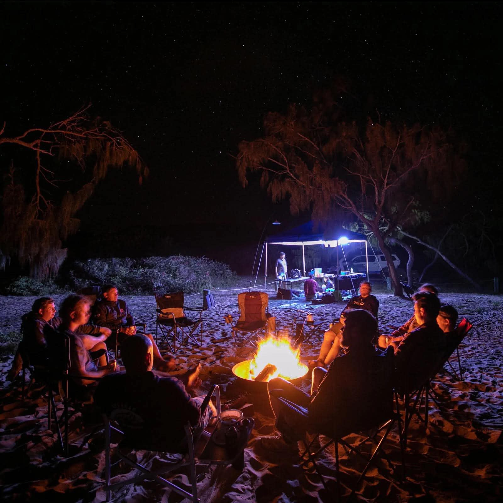 Travellers gathered around a campfire under the stars